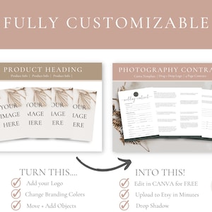 May include: A digital product mockup showing a before and after image of a photography contract template. The before image shows a simple placeholder image with text. The after image shows a professional photography contract template with a title that says "wedding contract". The text below the images says "Turn this... into this!" with a list of features including "Edit in Canva for free", "Upload to Etsy in minutes", and "Drop Shadow".