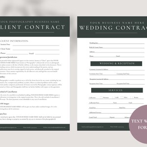 Pode incluir: Um modelo de contrato de casamento imprim&iacute;vel em preto e branco com o texto "Contrato de casamento" em uma caixa verde escura no topo da p&aacute;gina. O contrato inclui se&ccedil;&otilde;es para informa&ccedil;&otilde;es do cliente, detalhes do casamento e da recep&ccedil;&atilde;o, e servi&ccedil;os.