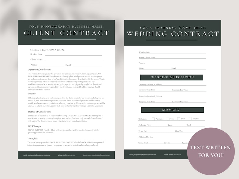 Pode incluir: Um modelo de contrato de casamento imprim&iacute;vel em preto e branco com o texto "Contrato de casamento" em uma caixa verde escura no topo da p&aacute;gina. O contrato inclui se&ccedil;&otilde;es para informa&ccedil;&otilde;es do cliente, detalhes do casamento e da recep&ccedil;&atilde;o, e servi&ccedil;os.