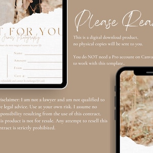 May include: A digital download template for a gift certificate. The template features a brown and white background with a torn paper effect. The text "Gift for You" is at the top of the template, followed by "Sophie James Photography". The template includes fields for the recipient's name, amount, from, and certificate number. The text "Please Read" is at the top right of the template, followed by a disclaimer about the product being a digital download and not a physical copy. The text "You do NOT need a Pro account on Canva to work with this template..." is also included.