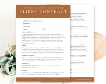 May include: A brown and white contract template for a photography business. The contract includes sections for client information, agreement, jurisdiction, liability, method of cancellation, raw images, and injury/loss. The text "YOUR PHOTOGRAPHY BUSINESS NAME" is printed in a brown rectangle at the top of the page.