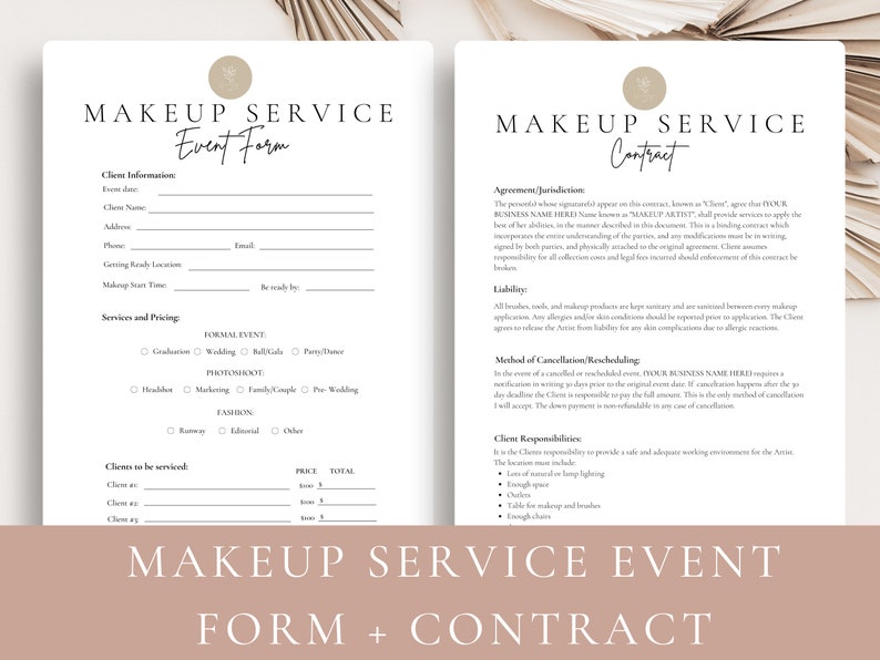 Op de afbeelding: Een printbaar make-up service-evenementformulier en contract. Het formulier bevat secties voor klantgegevens, diensten en prijzen, en klanten die moeten worden bediend. Het contract bevat secties voor overeenkomst/rechtsgebied, aansprakelijkheid, methode van annulering/herplanning en verantwoordelijkheden van de klant.