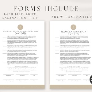 May include: Two printable forms for lash lift, brow lamination, and tint services. The forms include consent and liability waivers with sections for client and technician signatures and printed names. The forms have a neutral beige background with a brown circle graphic at the top.