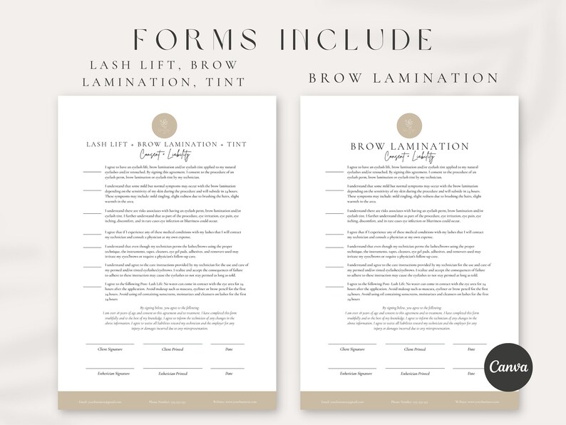 May include: Two printable forms for lash lift, brow lamination, and tint services. The forms include consent and liability waivers with sections for client and technician signatures and printed names. The forms have a neutral beige background with a brown circle graphic at the top.