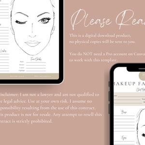 May include: A digital download template for a makeup face chart. The template includes sections for base, eyes, brows & lashes, and face checks. The template also includes a disclaimer about the product being a digital download and not for resale.