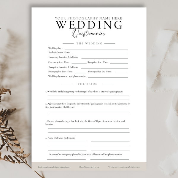 Wedding Photography Questionnaire,Wedding Client Checklist,Editable Wedding Questionnaire,DOWNLOAD, Photographer Business Form, CANVA