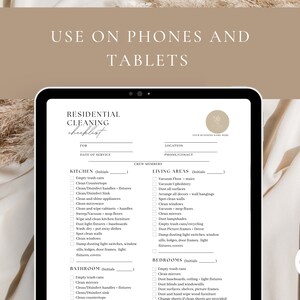 May include: A printable cleaning checklist for residential homes. The checklist includes sections for the kitchen, bathroom, living areas, and bedrooms. Each section has a list of tasks to be completed, such as emptying trash cans, cleaning countertops, and dusting surfaces.