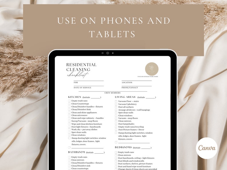May include: A printable cleaning checklist for residential homes. The checklist includes sections for the kitchen, bathroom, living areas, and bedrooms. Each section has a list of tasks to be completed, such as emptying trash cans, cleaning countertops, and dusting surfaces.