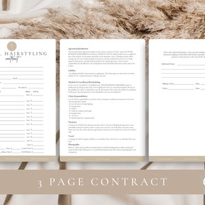 Puede incluir: Un contrato de tres p&aacute;ginas para peinado de novia, con un dise&ntilde;o beige y blanco. El contrato incluye secciones para informaci&oacute;n del cliente, servicios, precios y acuerdos. El texto "3 PAGE CONTRACT" se muestra en la parte inferior.