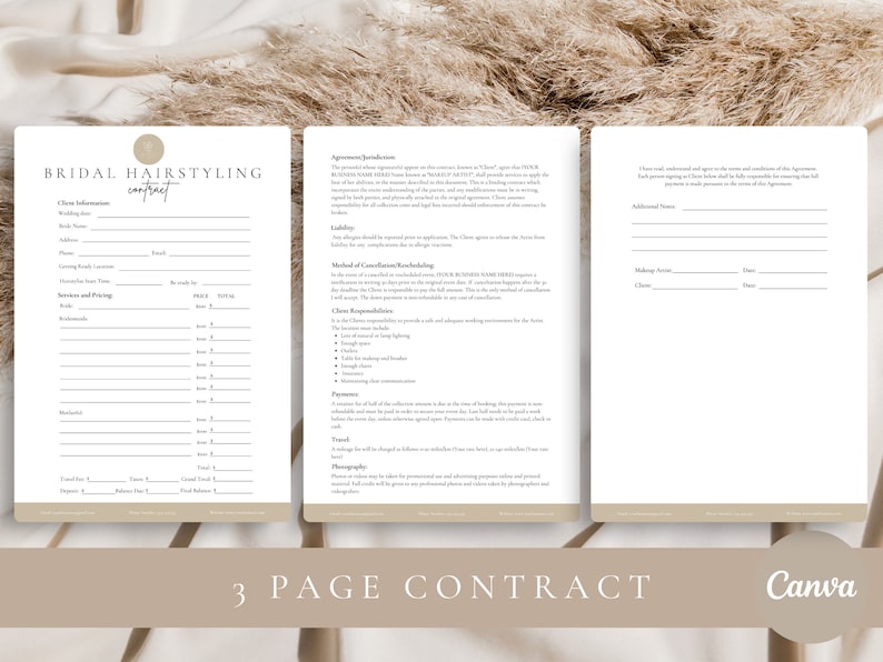 Puede incluir: Un contrato de tres p&aacute;ginas para peinado de novia, con un dise&ntilde;o beige y blanco. El contrato incluye secciones para informaci&oacute;n del cliente, servicios, precios y acuerdos. El texto "3 PAGE CONTRACT" se muestra en la parte inferior.