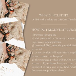 May include: A digital download for a gift card template. The template features a rustic, floral design with a white background and brown text. The text reads "Gift for You" and "Sophie James Photography".