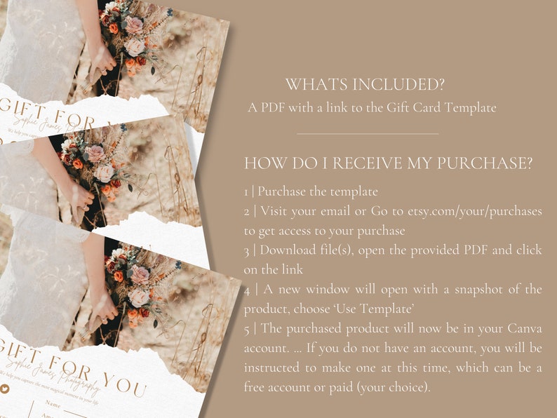 May include: A digital download for a gift card template. The template features a rustic, floral design with a white background and brown text. The text reads "Gift for You" and "Sophie James Photography".