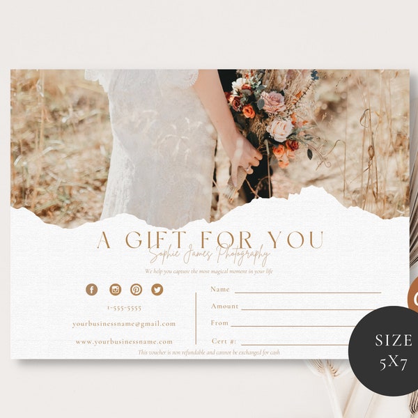 Boho Gift Certificate Template, Photography Printable Gift Certificate, Editable Gift Card, Photography Gift Certificate, CANVA Template