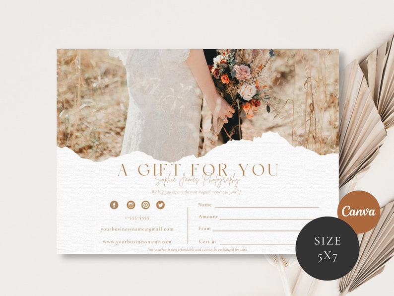 May include: A white gift certificate with brown text that reads "A Gift For You Sophie James Photography". The certificate has a torn edge and a photo of a couple holding a bouquet of flowers in a field.