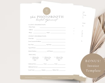 Modelo de contrato profissional editável para cabine de fotos 360, cabine de fotos 360, formulário de cliente/provedor, termos e condições de aluguel de cabine de vídeo