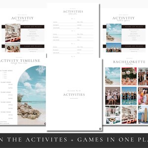 May include: A printable planner for planning a bachelorette party. The planner includes sections for activities, a timeline, and a place to list guests. The planner has a tropical theme with a blue and white background.