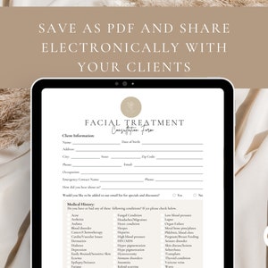 Peut inclure: Un formulaire num&eacute;rique pour les consultations de traitement facial. Le formulaire comprend des sections pour les informations du client, les ant&eacute;c&eacute;dents m&eacute;dicaux et une liste de contr&ocirc;le des conditions. Le formulaire est intitul&eacute; "Formulaire de consultation de traitement facial".