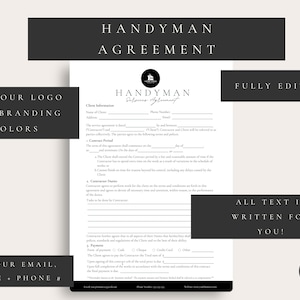 Puede incluir: Una plantilla de contrato de manitas imprimible en blanco y negro. La plantilla incluye secciones para la informaci&oacute;n del cliente, el per&iacute;odo del contrato, los deberes del contrato, el pago y una l&iacute;nea de firma. El texto "FULLY EDITABLE" y "ALL TEXT IS WRITTEN FOR YOU!" se muestra en la p&aacute;gina. La plantilla est&aacute; dise&ntilde;ada para ser utilizada por los manitas para crear contratos con sus clientes.