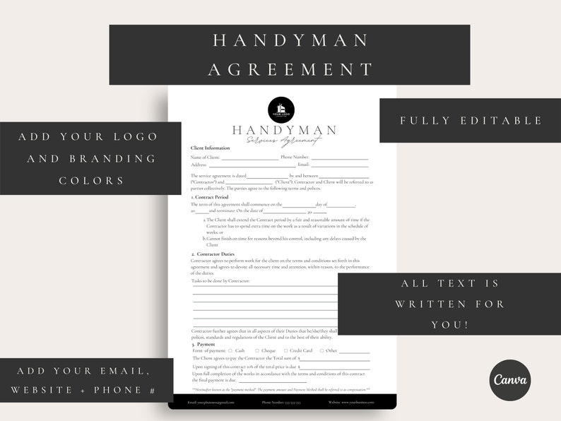 Puede incluir: Una plantilla de contrato de manitas imprimible en blanco y negro. La plantilla incluye secciones para la informaci&oacute;n del cliente, el per&iacute;odo del contrato, los deberes del contrato, el pago y una l&iacute;nea de firma. El texto "FULLY EDITABLE" y "ALL TEXT IS WRITTEN FOR YOU!" se muestra en la p&aacute;gina. La plantilla est&aacute; dise&ntilde;ada para ser utilizada por los manitas para crear contratos con sus clientes.