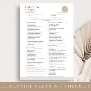 May include: A printable checklist for residential cleaning services. The checklist includes sections for the kitchen, bathroom, bedrooms, living areas, entryway, and other services. The checklist is designed to help cleaning professionals keep track of their tasks and ensure that all areas are cleaned thoroughly.