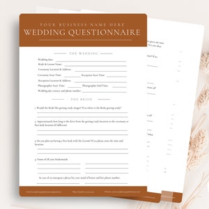 May include: A brown and white wedding questionnaire with the text "Your Business Name Here Wedding Questionnaire" at the top. The questionnaire includes sections for "The Wedding" and "The Bride" with questions about the wedding date, ceremony location, reception time, and more.