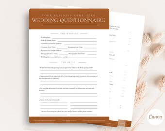May include: A brown and white wedding questionnaire with the text "Your Business Name Here Wedding Questionnaire" at the top. The questionnaire includes sections for "The Wedding" and "The Bride" with questions about the wedding date, ceremony location, reception time, and more.