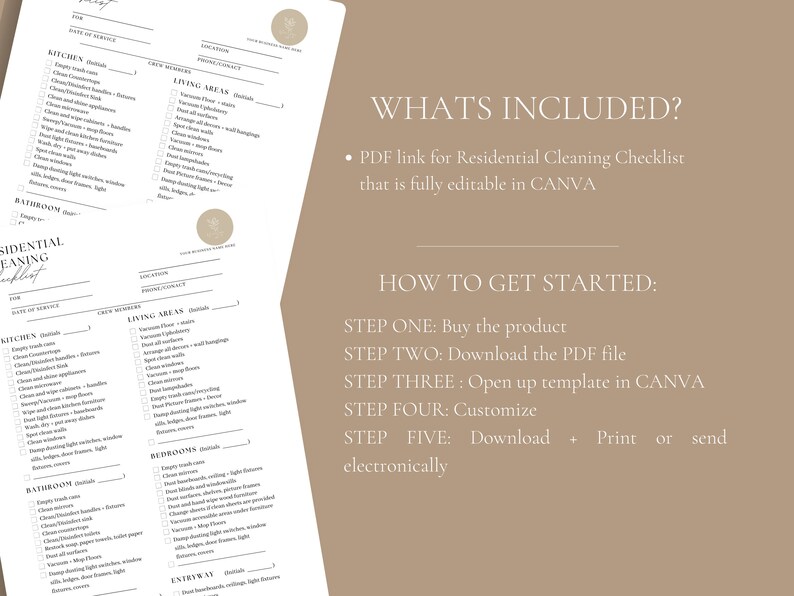 May include: A printable checklist for residential cleaning services. The checklist is divided into sections for different areas of the home, including the kitchen, living areas, bedrooms, bathrooms, and entryway. The checklist includes tasks such as cleaning countertops, vacuuming floors, dusting furniture, and wiping down surfaces. The checklist is fully editable in Canva. The text "WHATS INCLUDED?" and "HOW TO GET STARTED" is also included in the image.