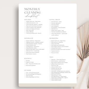 May include: A printable monthly cleaning checklist with a beige background and black text. The checklist is divided into categories such as kitchen, bathroom, living areas, bedrooms, basement, outside, and misc. Each category has a list of cleaning tasks to complete.