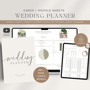 May include: A digital wedding planner bundle featuring a Canva template and Google Sheets dashboard. The display shows a wedding dashboard with a budget planner, guest list tracker, and smart calendar, plus a 400-page Canva document.