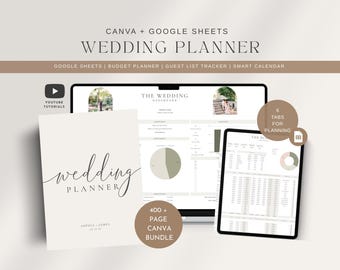 May include: A digital wedding planner bundle featuring a Canva template and Google Sheets dashboard. The display shows a wedding dashboard with a budget planner, guest list tracker, and smart calendar, plus a 400-page Canva document.