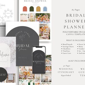 May include: A digital bridal shower planner with 85 pages, fully editable in Canva. The planner includes checklists, timelines, guest lists, seating charts, vendor information, and more. The cover features a floral design with the text "Sophia James Bridal Shower".