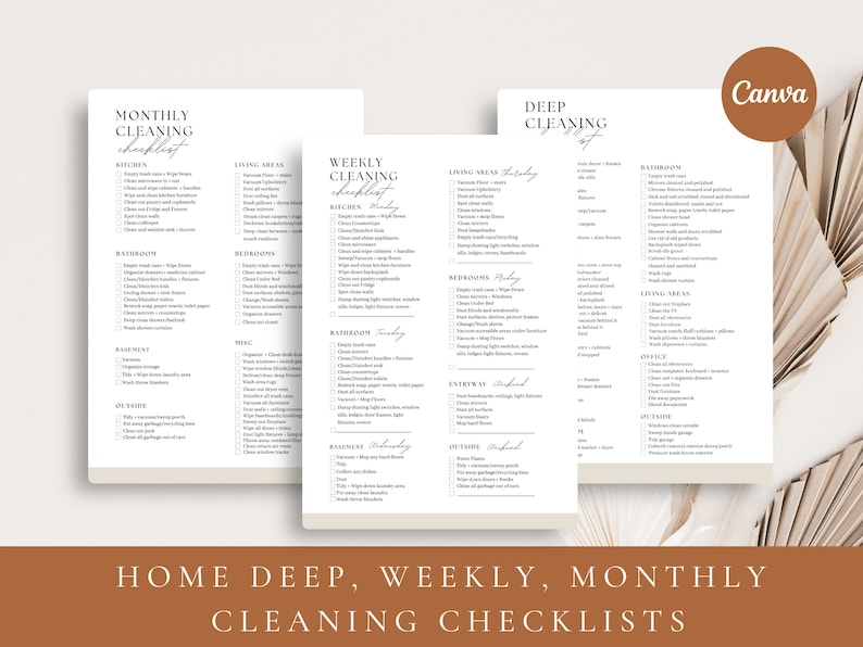 May include: Printable cleaning checklists for home, including deep cleaning, weekly cleaning, and monthly cleaning. The checklists are organized by room and task, with checkboxes for each item. The checklists are designed in a minimalist style with a brown and white color scheme.