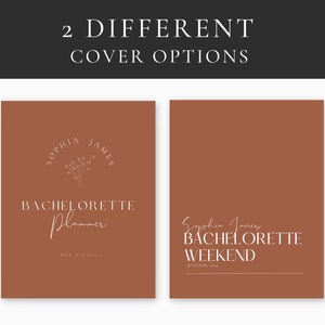 K&ouml;nnte beinhalten: Zwei verschiedene Cover-Optionen f&uuml;r einen Junggesellinnenabschiedsplaner. Das erste Cover ist ein brauner Hintergrund mit einem wei&szlig;en Blumenmuster und dem Text "Sophia James Bachelorette Planner" mit dem Datum "14. Juli 2023". Das zweite Cover ist ein brauner Hintergrund mit dem Text "Sophia James Bachelorette Weekend" mit dem Datum "14. Juli 2023".