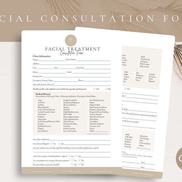 EDITABLE Facial Consultation Form, Client Intake Form,Beauty Salon Printable,Editable Spa Forms,SkinCare Business,Esthetician CANVA Template