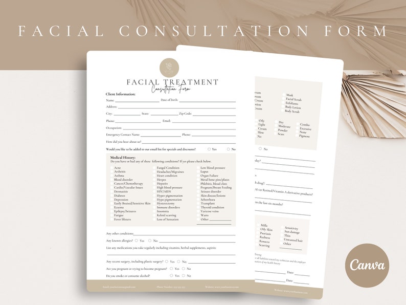 Peut inclure: Un formulaire de consultation de traitement facial imprimable avec des sections pour les informations du client, les ant&eacute;c&eacute;dents m&eacute;dicaux et les pr&eacute;f&eacute;rences en mati&egrave;re de soins de la peau. Le formulaire comprend des questions sur les allergies, les m&eacute;dicaments et les interventions chirurgicales ant&eacute;rieures. Il pose &eacute;galement des questions sur le type de peau, les pr&eacute;occupations et les r&eacute;sultats de traitement souhait&eacute;s.