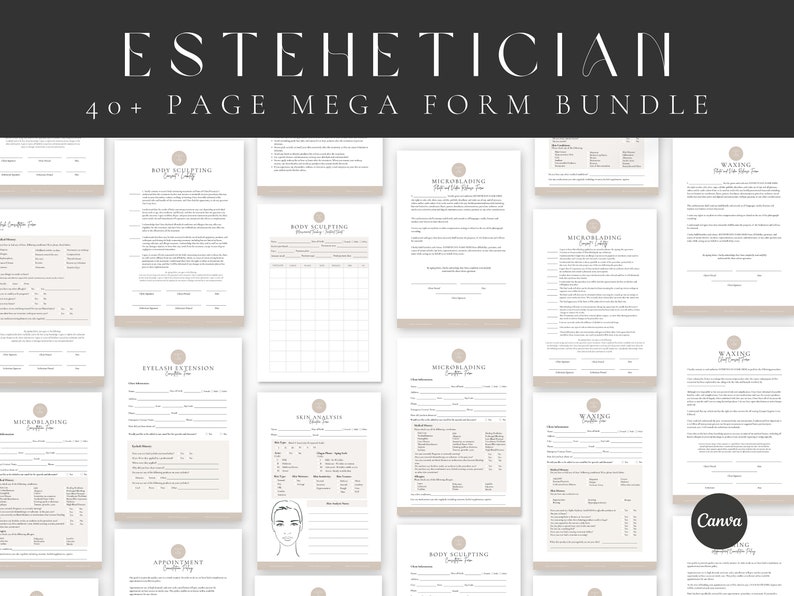 May include: A collection of 40+ printable forms for estheticians. The forms are organized into categories such as body sculpting, microblading, waxing, and eyelash extensions. The forms are designed to be used in a professional setting and are available in a variety of colors.