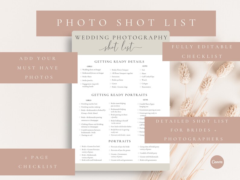 May include: A printable wedding photography checklist with a beige background and a light brown border. The checklist is titled "Photo Shot List" and includes a detailed shot list for brides and photographers. The checklist is divided into sections for getting ready details, getting ready portraits, and portraits.