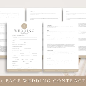 May include: A five-page wedding contract template with a beige background and brown text. The contract includes sections for client information, wedding information, services, and raw images. The text "WEDDING Contract" is in a decorative font.