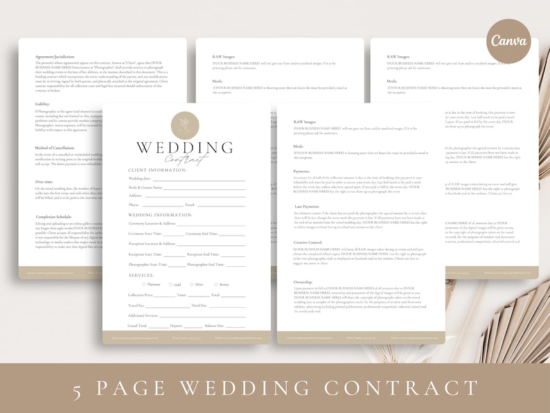 May include: A five-page wedding contract template with a beige background and brown text. The contract includes sections for client information, wedding information, services, and raw images. The text "WEDDING Contract" is in a decorative font.
