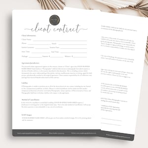May include: A black and white client contract form with the title "client contract" written in cursive script. The form includes sections for client information, agreement jurisdiction, liability, method of cancellation, and raw images.