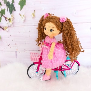 Amigurumi Doll with Pink Dress and Curly Hair, Handmade Crochet Doll for Children with Moving Limbs, Hypoallergenic Baby Gift