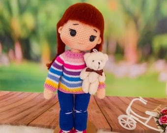 Amigurumi Doll with Braided Hair and Teddy Bear, Adorable Handmade Crochet Doll with Braided Hair, stuffed doll cute, baby gift