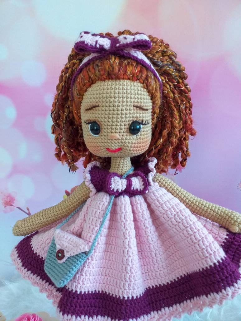 Curly Hair Doll in Pink Dress – Handmade Crochet Toy main image 1