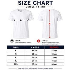 May include: A white unisex t-shirt size chart displaying front and back views with red arrows indicating width A from armpit to armpit and length B from shoulder to hem. A table lists sizes S through XXL with corresponding measurements in centimeters.