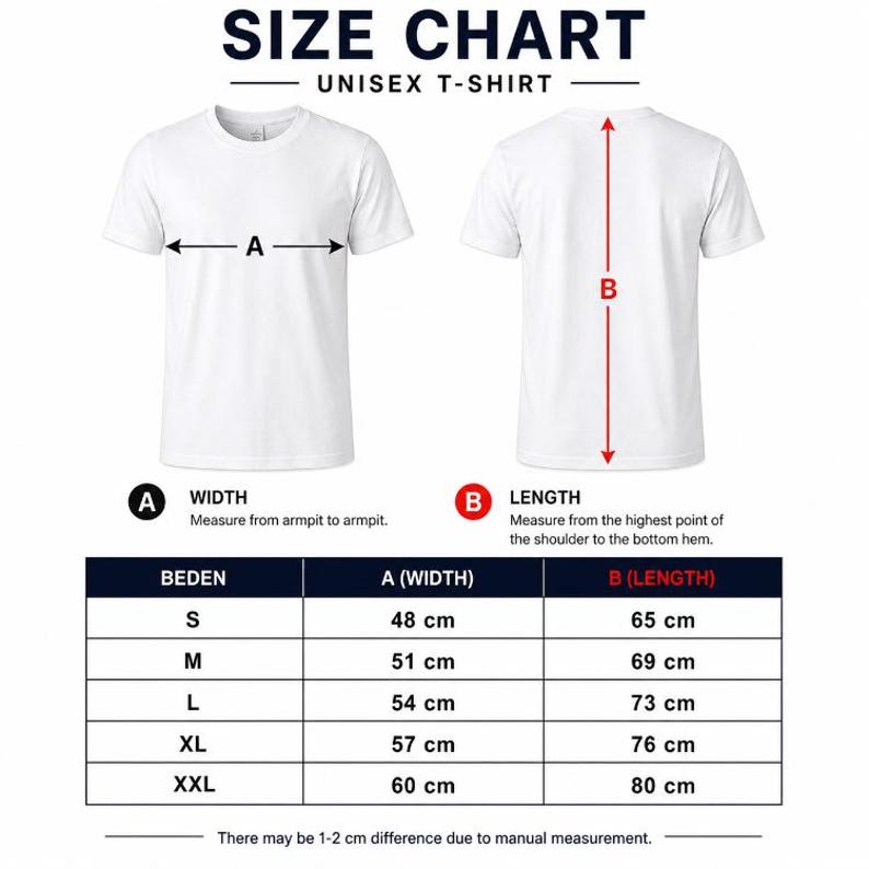 May include: A white unisex t-shirt size chart displaying front and back views with red arrows indicating width A from armpit to armpit and length B from shoulder to hem. A table lists sizes S through XXL with corresponding measurements in centimeters.