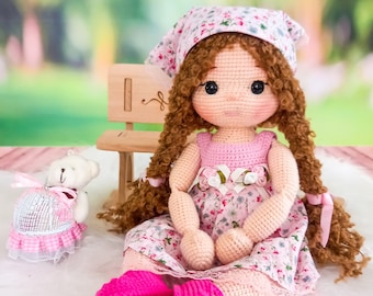 Adorable Amigurumi Doll in a Pink Floral Dress,  Handmade Crochet doll with Interchangeable Clothes, ms.rachel
