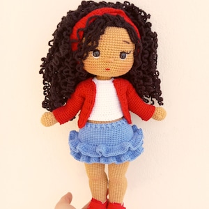 Amigurumi, crochet , handmade doll, brunette doll, amigurumi doll for sale, stuffed doll, black curly haired doll, finished doll