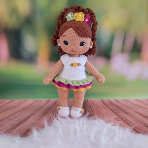 little amigurumi doll with ruffle dress, curly hair, playmate handmade crochet doll, special day gift. Amigurumi  for doll sale,  finished