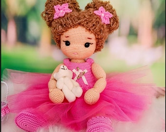 Amigurumi doll, crochet doll with blonde hair in pink dress, handmade doll for a birthday gift for a girl, report card gift