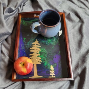 Northern Lights and Trees Decorative Tray | Epoxy Resin | Bamboo Tray w Handles